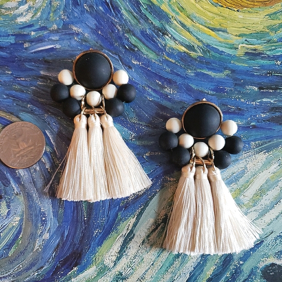 BaubleBar Jewelry - XL Bauble Tassel Earrings Black Ivory and Gold